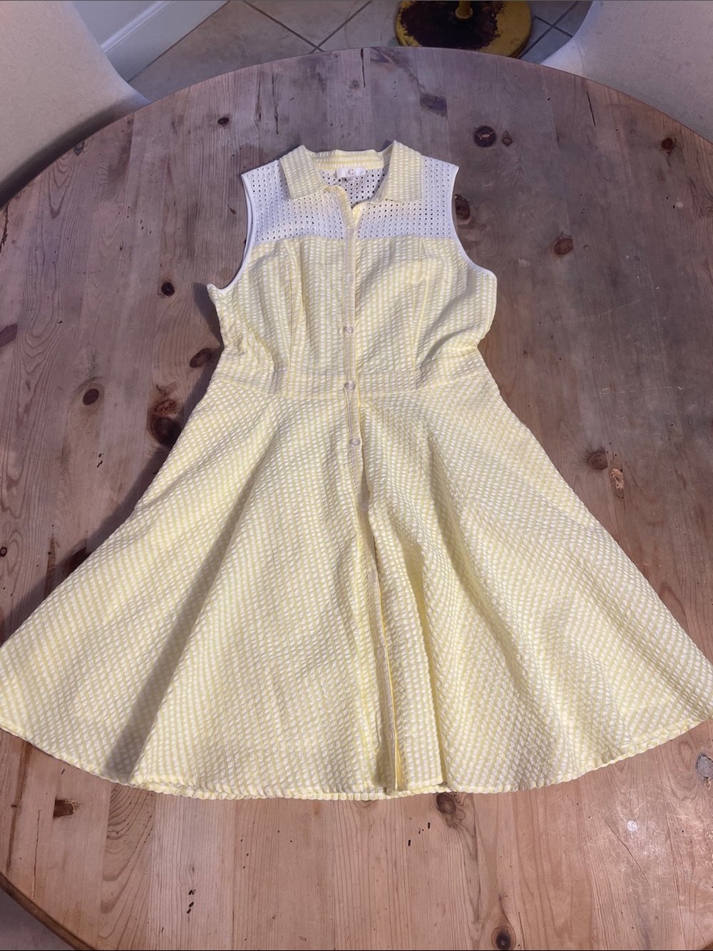 Yellow Seersucker/Eyelet  Cottagecore Preppy Coastal Dress with Pockets